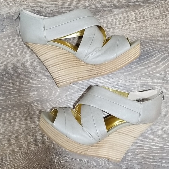 Seychelles Shoes - Seychelles gray leather peep toe wedges size 8.5